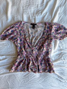 Forever 21 Pink Floral Smocked V-Neck Peplum Blouse